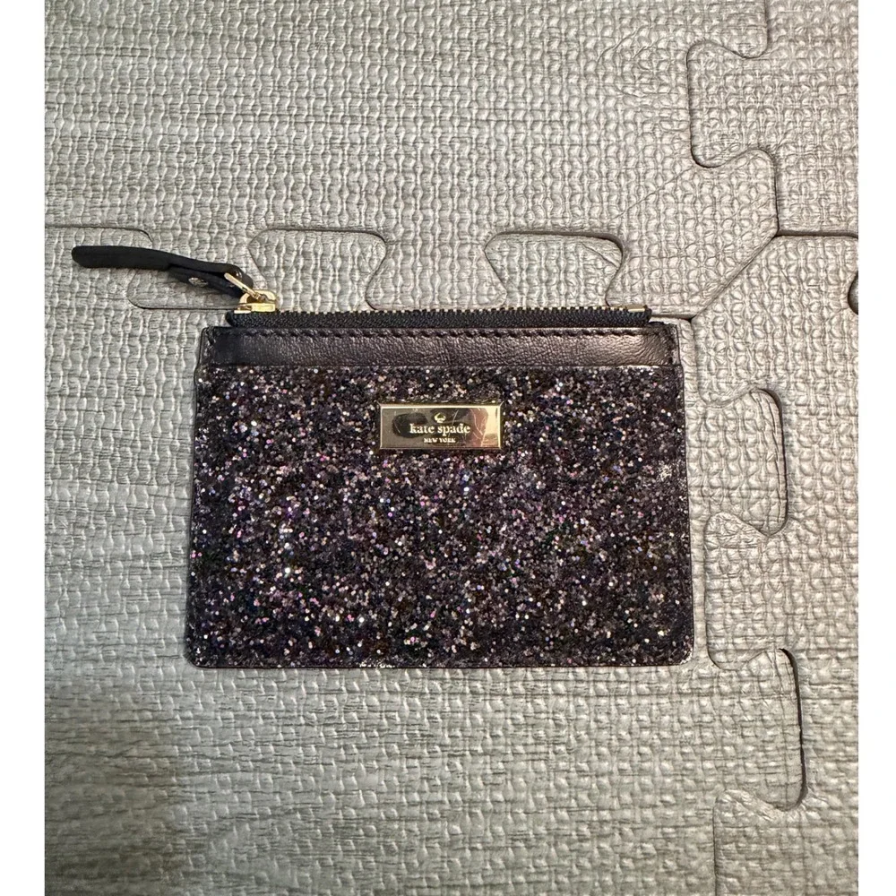 Kate Spade New York Black Purple Glitter Leather Card Holder Zip Wallet Slim